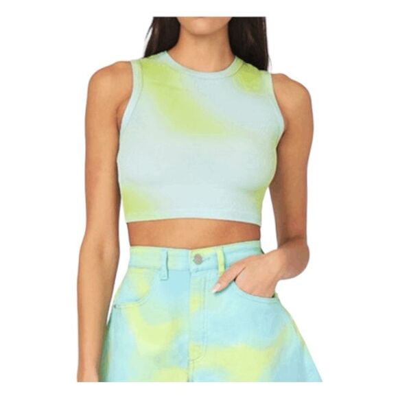 WeWoreWhat Muscle Tee Blue Green Tie Dye Ribbed Knit Cropped Tank Top S - Picture 5 of 6